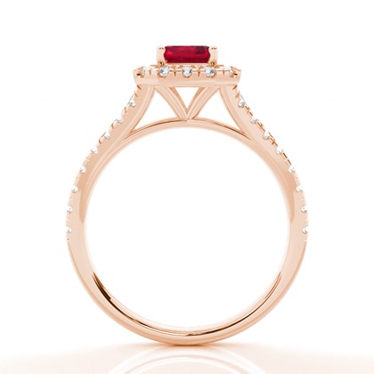 Halo-Verlobungsring Mit Rubin-Seitenstein In Krappenfassung