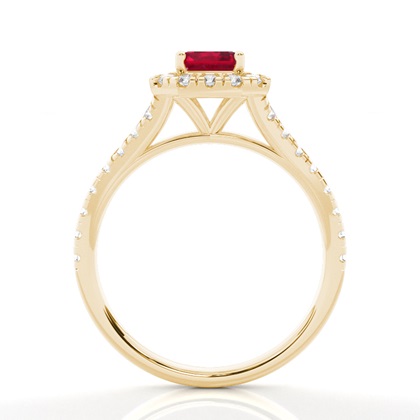 Halo-Verlobungsring Mit Rubin-Seitenstein In Krappenfassung