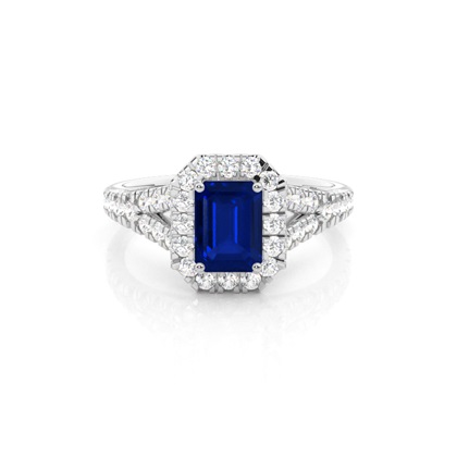 Prong Setting Blue Sapphire Side Stone Halo Engagement Ring