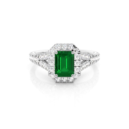 Prong Setting Emerald Side Stone Halo Engagement Ring