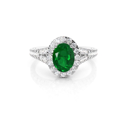 Prong Setting Emerald Side Stone Halo Engagement Ring