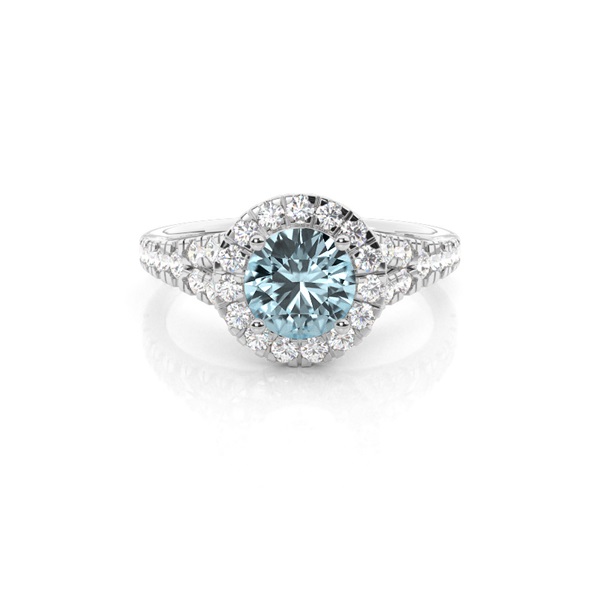 Prong Setting Aquamarine Side Stone Halo Engagement Ring