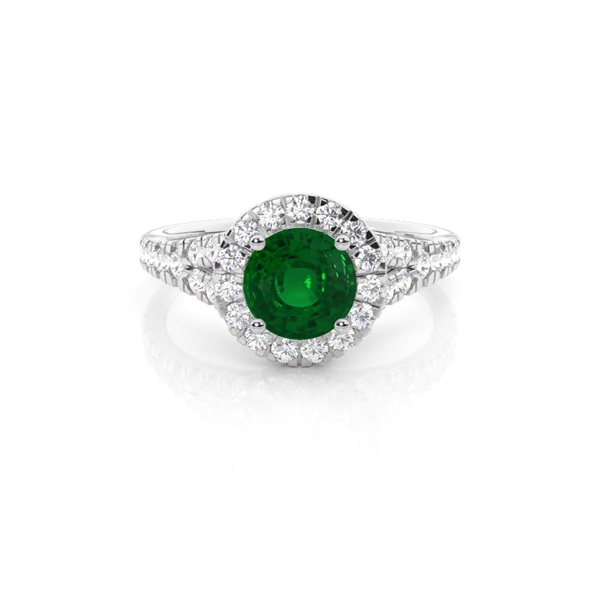 Prong Setting Emerald Side Stone Halo Engagement Ring