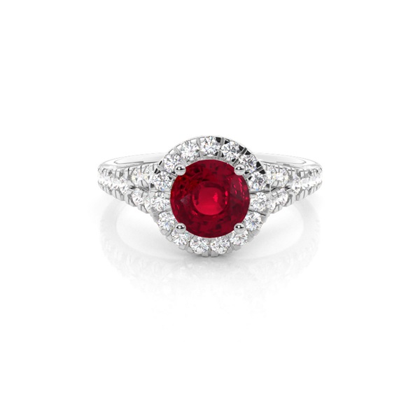 Prong Setting Ruby Side Stone Halo Engagement Ring