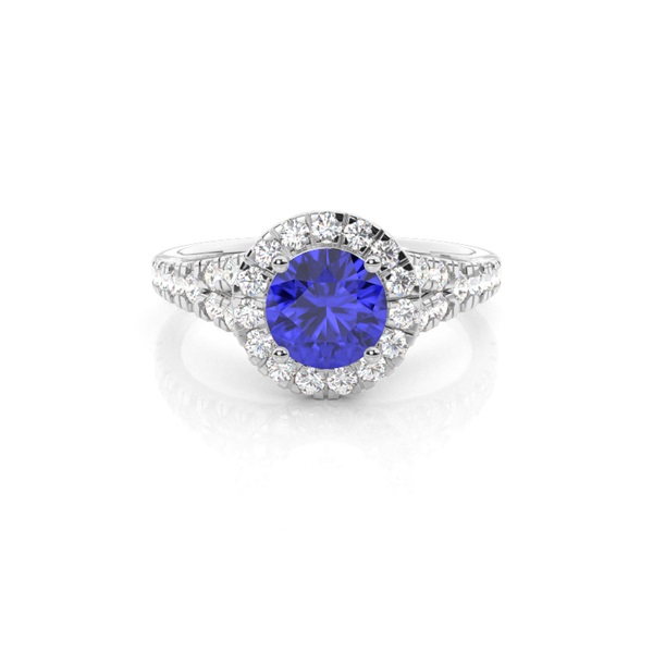 Prong Setting Tanzanite Side Stone Halo Engagement Ring