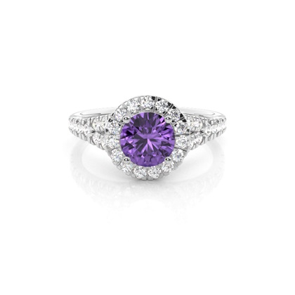 Prong Setting Amethyst Side Stone Halo Engagement Ring
