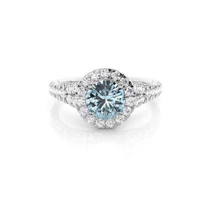 Prong Setting Aquamarine Side Stone Halo Engagement Ring