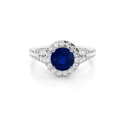 Prong Setting Blue Sapphire Side Stone Halo Engagement Ring