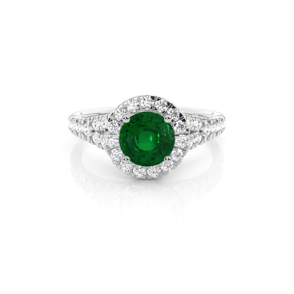 Prong Setting Emerald Side Stone Halo Engagement Ring