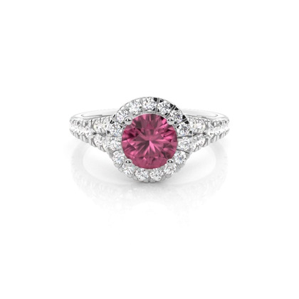 Prong Setting Pink Tourmaline Side Stone Halo Engagement Ring
