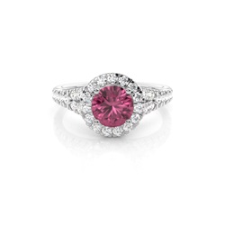 Halo-Verlobungsring Mit Rosa Turmalin-Seitenstein In Krappenfassung