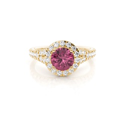 Prong Setting Pink Tourmaline Side Stone Halo Engagement Ring