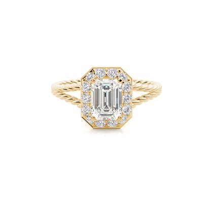 Emerald Yellow Gold Halo Diamond Engagement Rings