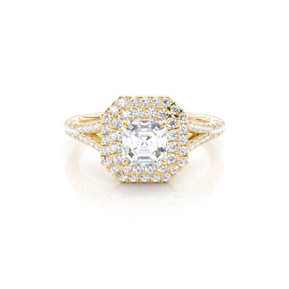 Asscher Yellow Gold Halo Diamond Engagement Rings