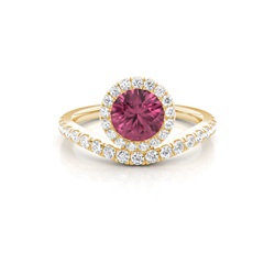 Bezel Setting Pink Tournamile Halo Engagement Ring