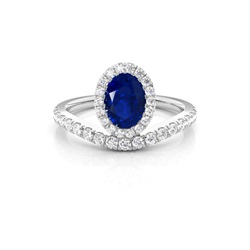 Anillo De Compromiso Con Halo De Zafiro Azul Con Montura De Bisel