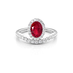 Anillo De Compromiso Con Halo De Rubí Con Montura De Bisel