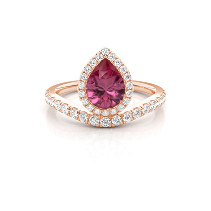 Bezel Setting Pink Tournamile Halo Engagement Ring