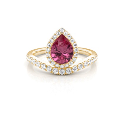 Bezel Setting Pink Tournamile Halo Engagement Ring