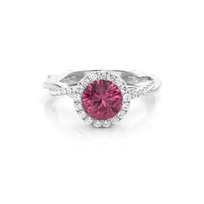 Bezel Setting Pink Tournamile Halo Engagement Ring