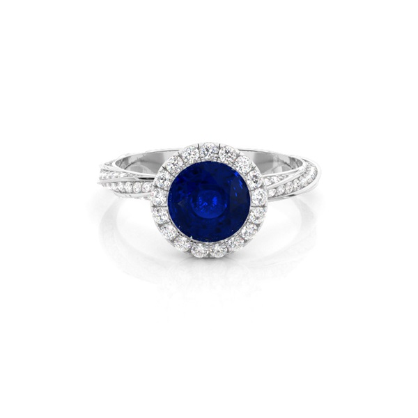 Bezel Setting Blue Sapphire Halo Engagement Ring