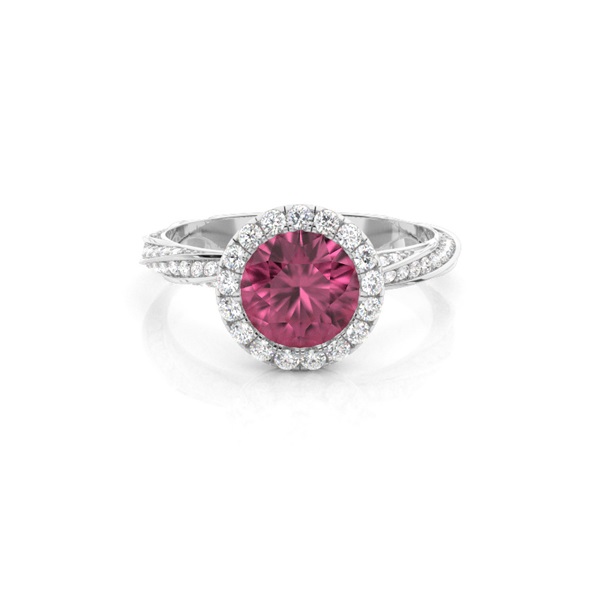 Bezel Setting Pink Tournamile Halo Engagement Ring