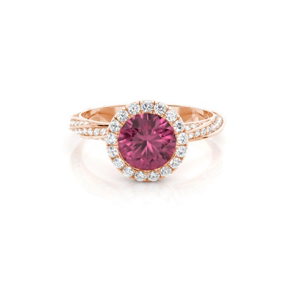 Bezel Setting Pink Tournamile Halo Engagement Ring