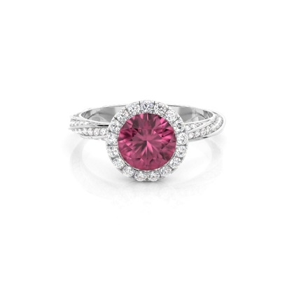 Bezel Setting Pink Tournamile Halo Engagement Ring