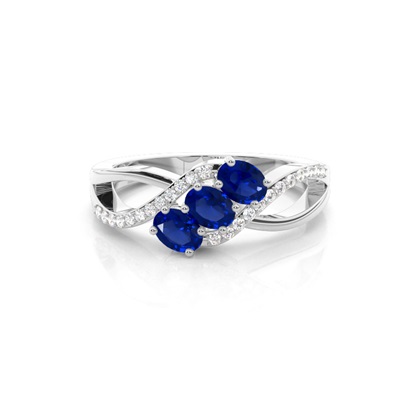 Prong Setting Oval Blue Sapphire Three Stone Ring