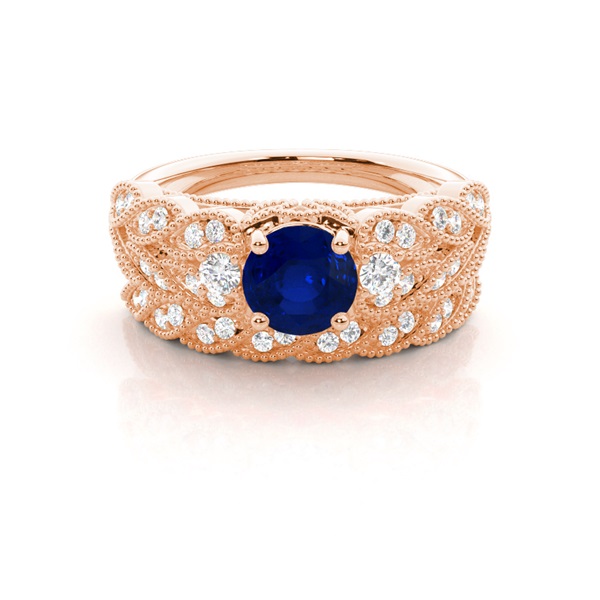 Prong Setting Round Blue Sapphire Bridal Set Engagement Ring