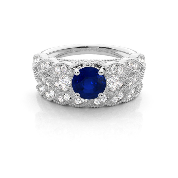 Prong Setting Round Blue Sapphire Bridal Set Engagement Ring