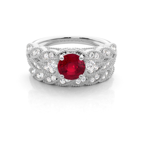 Prong Setting Round Ruby Bridal Set Engagement Ring