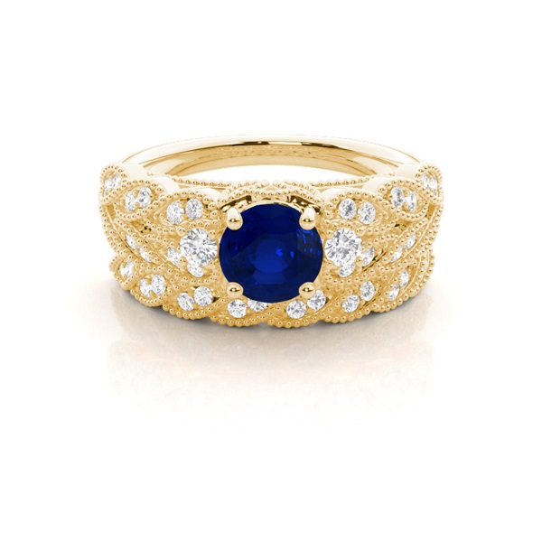 Prong Setting Round Blue Sapphire Bridal Set Engagement Ring