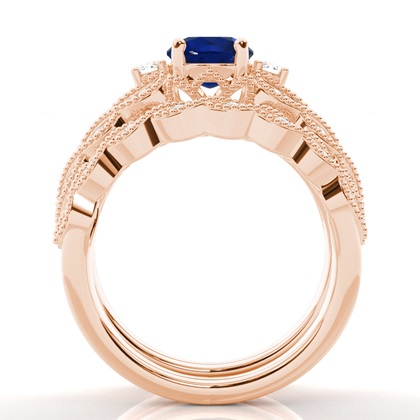 Prong Setting Round Blue Sapphire Bridal Set Engagement Ring