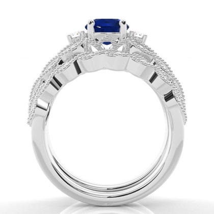 Prong Setting Round Blue Sapphire Bridal Set Engagement Ring