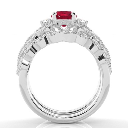 Prong Setting Round Ruby Bridal Set Engagement Ring