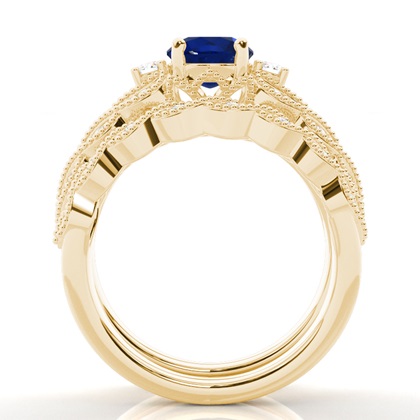 Prong Setting Round Blue Sapphire Bridal Set Engagement Ring