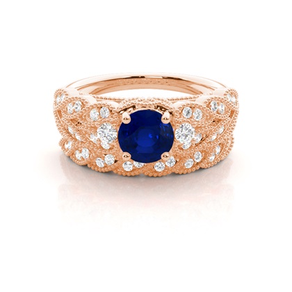 Prong Setting Round Blue Sapphire Bridal Set Engagement Ring