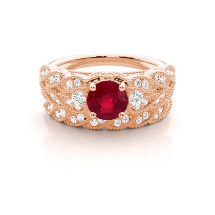Prong Setting Round Ruby Bridal Set Engagement Ring