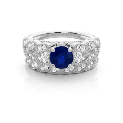 Prong Setting Round Blue Sapphire Bridal Set Engagement Ring