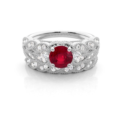 Prong Setting Round Ruby Bridal Set Engagement Ring
