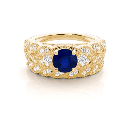 Prong Setting Round Blue Sapphire Bridal Set Engagement Ring