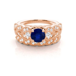 Prong Setting Round Blue Sapphire Bridal Set Engagement Ring