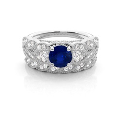Prong Setting Round Blue Sapphire Bridal Set Engagement Ring