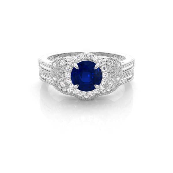 Prong Setting Round Blue Sapphire Bridal Set Engagement Ring