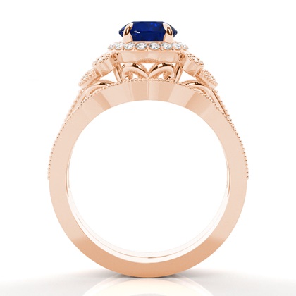 Prong Setting Round Blue Sapphire Bridal Set Engagement Ring