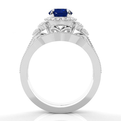 Prong Setting Round Blue Sapphire Bridal Set Engagement Ring