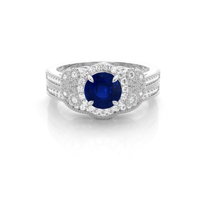 Prong Setting Round Blue Sapphire Bridal Set Engagement Ring