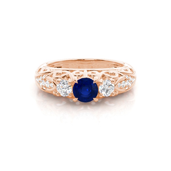 Prong Setting Round Blue Sapphire Side Stone Ring