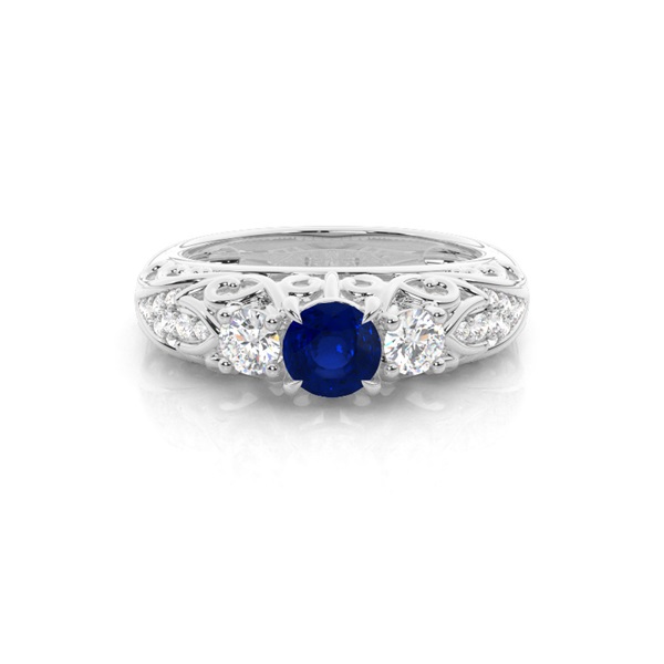 Prong Setting Round Blue Sapphire Side Stone Ring